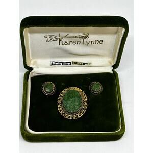 Sterling Signed K.L. Karen Lynne Celadon Jade Stone Filigree Brooch/Earring Set